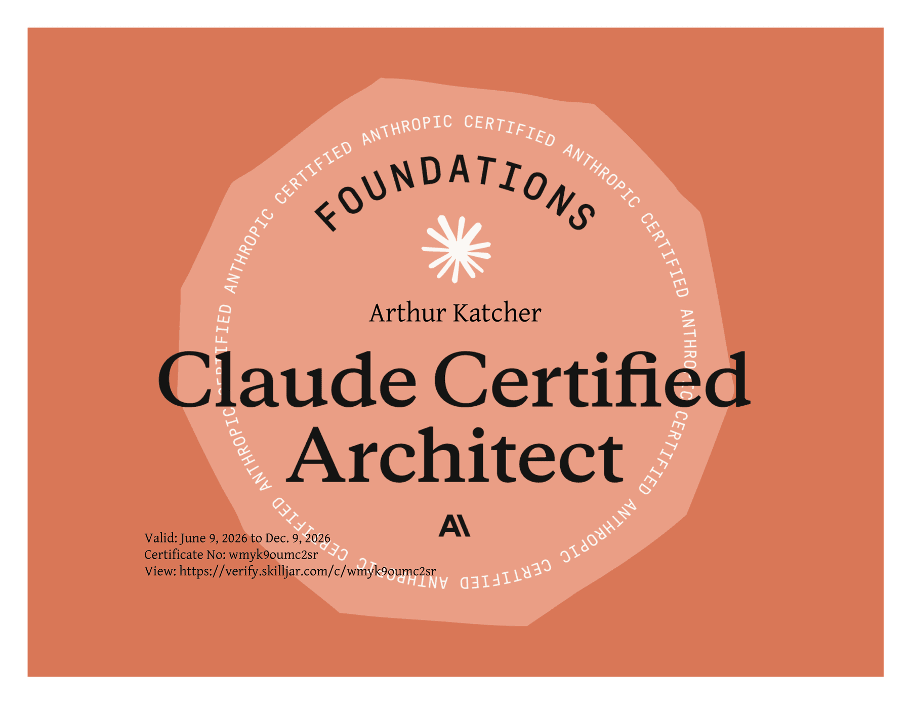 Claude Certified Architect — Foundations certificate awarded to Arthur Katcher