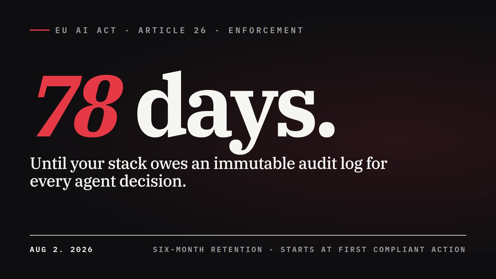 78 days until your stack owes an immutable audit log for every agent decision. EU AI Act Article 26 enforcement starts Aug 2, 2026, with six-month retention.