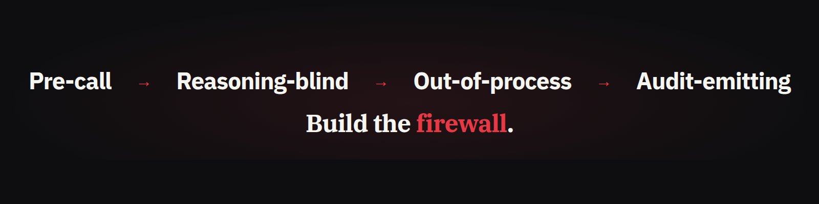 The four properties in a row: pre-call, reasoning-blind, out-of-process, audit-emitting. Build the firewall.
