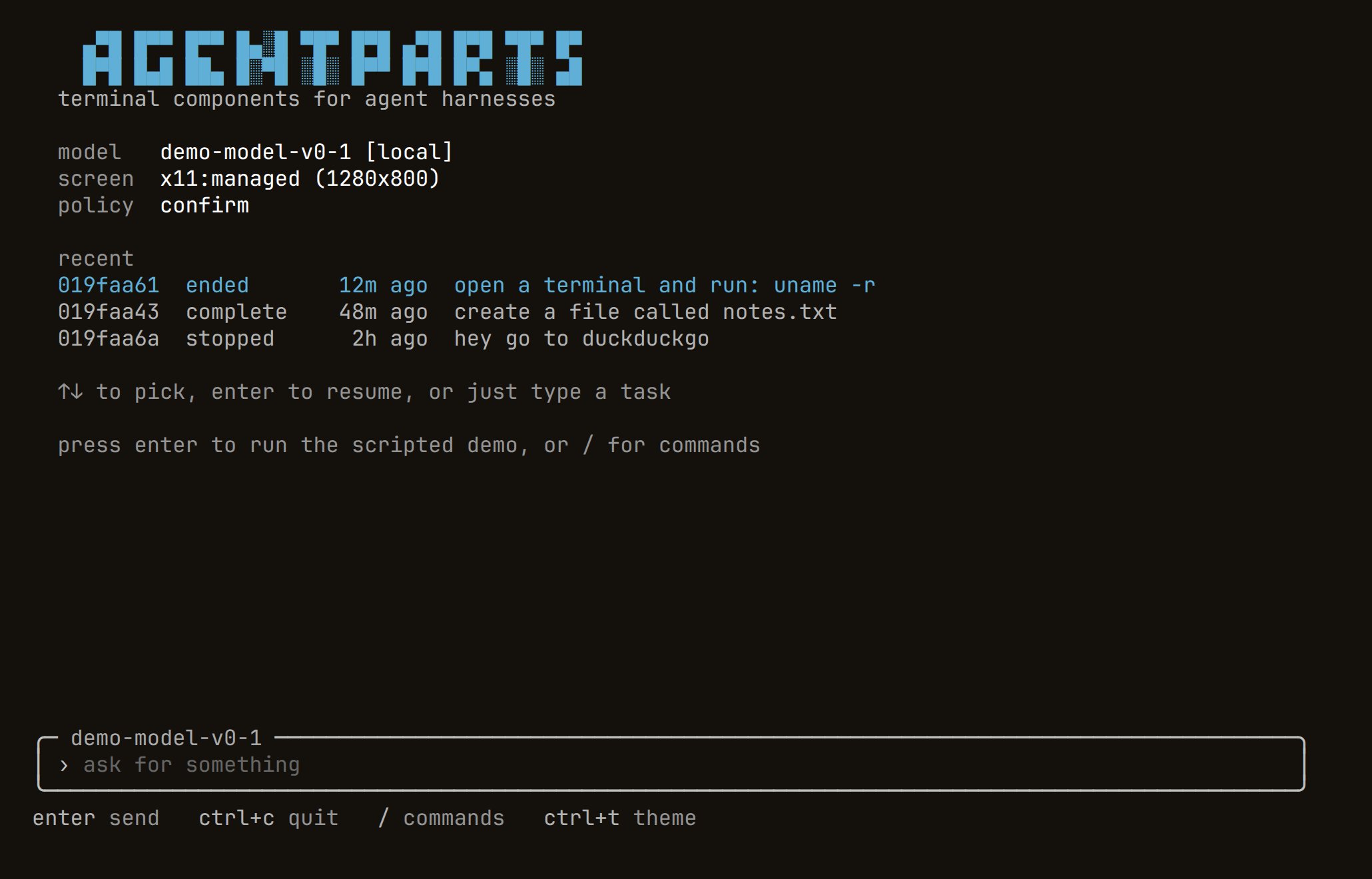 Screenshot of AgentParts, terminal components for agent harnesses: model and policy info, a list of recent agent sessions, and a prompt box with key hints.